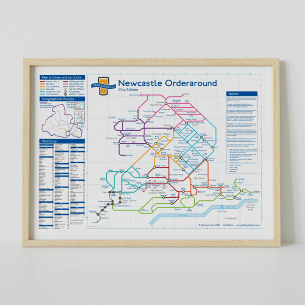 London Underground-style pub map, pub crawl gift, man cave wall decor: Newcastle City, Tyne and Wear, UK (Size A3)