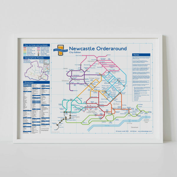 London Underground-style pub map, pub crawl gift, man cave wall decor: Newcastle City, Tyne and Wear, UK (Size A3)