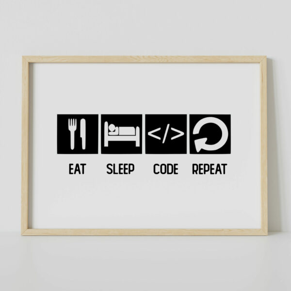 Eat, sleep, code, repeat coding, IT, technology black and white print, art, decor, poster, picture for geek, nerd, gamer (Size: A5/A4/A3)