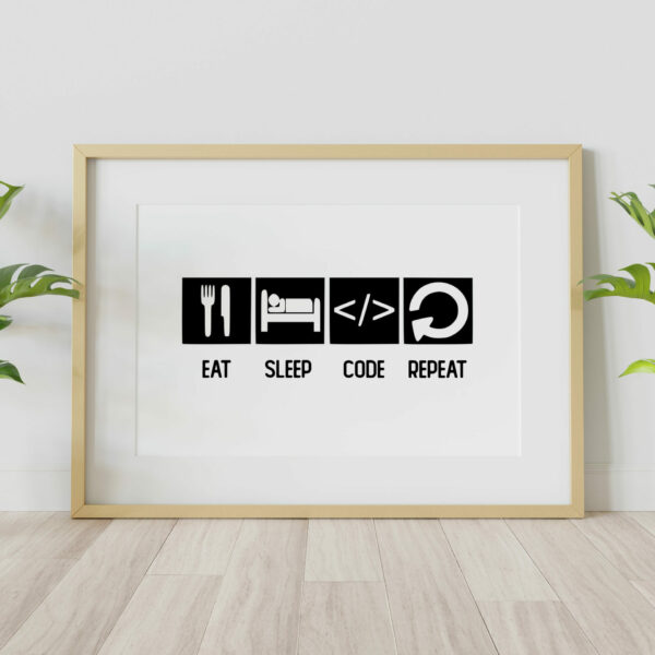 Eat, sleep, code, repeat coding, IT, technology black and white print, art, decor, poster, picture for geek, nerd, gamer (Size: A5/A4/A3)