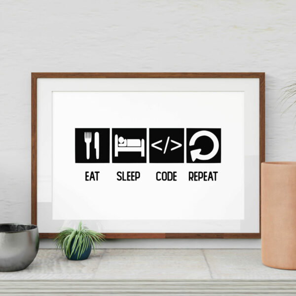 Eat, sleep, code, repeat coding, IT, technology black and white print, art, decor, poster, picture for geek, nerd, gamer (Size: A5/A4/A3)