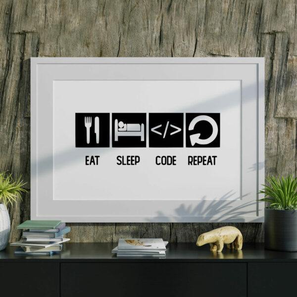 Eat, sleep, code, repeat coding, IT, technology black and white print, art, decor, poster, picture for geek, nerd, gamer (Size: A5/A4/A3)