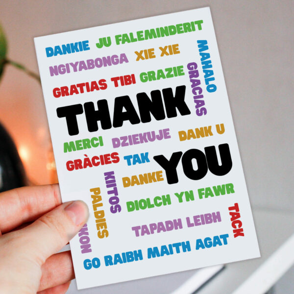 Thank you in different languages, merci, danke, gracias, grazie, tak, xie xie, kiitos card for friend, teacher (Size A6/A5/A4/Square 6x6")