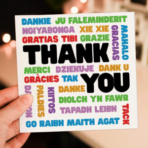 Thank you in different languages, merci, danke, gracias, grazie, tak, xie xie, kiitos card for friend, teacher (Size A6/A5/A4/Square 6x6")