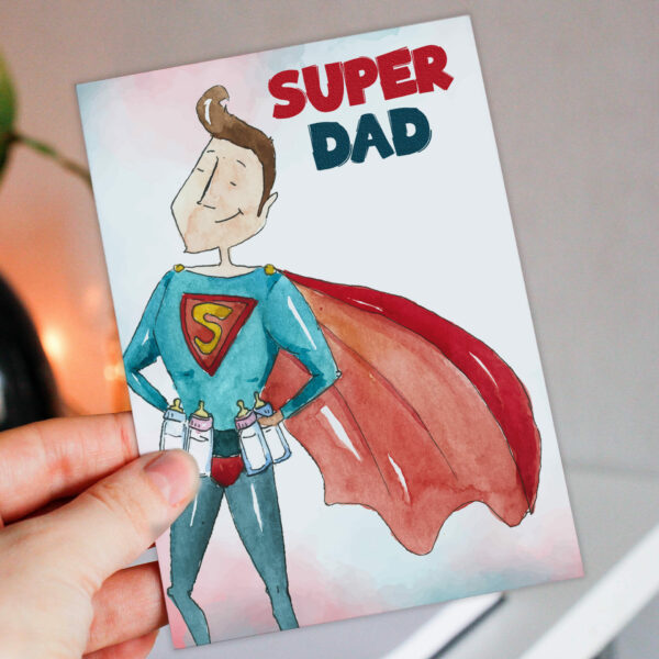 Watercolour effect Dad, daddy, father, papa superhero birthday, Father's Day card: Super dad (Size A6/A5/A4/Square 6x6")