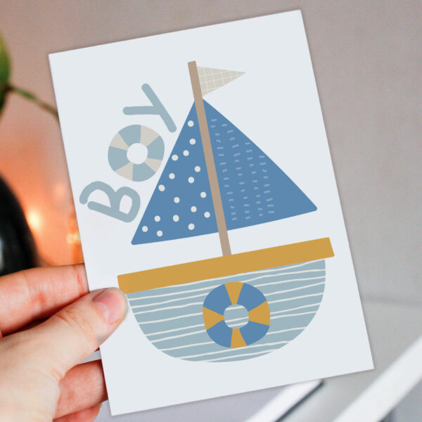 New baby boy, boys boat, buoy, maritime, life on the seas baby shower card for new parents, mum, dad, mom (Size A6/A5/A4/Square 6x6")