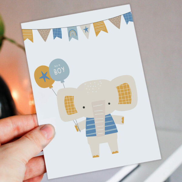 Elephant new baby, baby boy, baby shower card: It’s a boy (Size A6/A5/A4/Square 6x6")