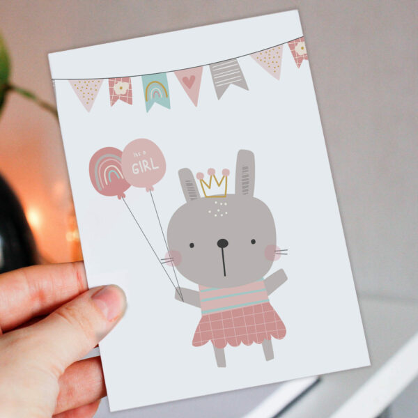 New baby, baby girl, baby shower card: It’s a girl – Bear and bunting (Size A6/A5/A4/Square 6x6")