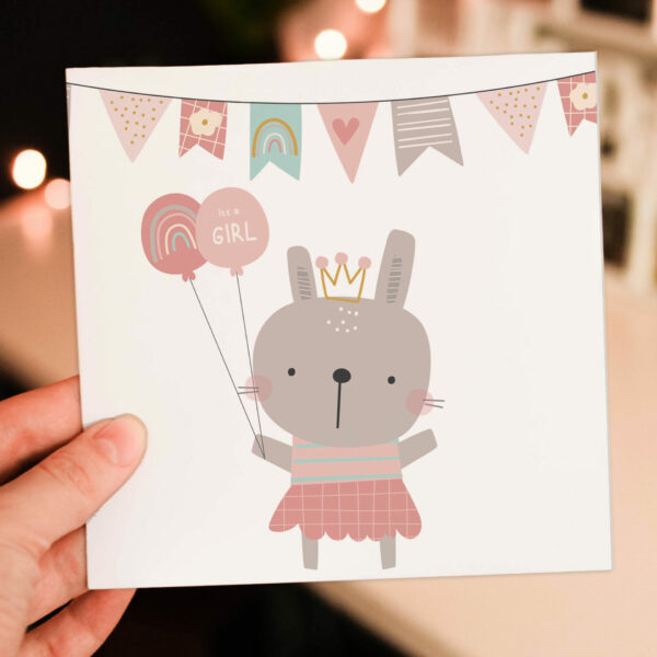 New baby, baby girl, baby shower card: It’s a girl – Bear and bunting (Size A6/A5/A4/Square 6x6")