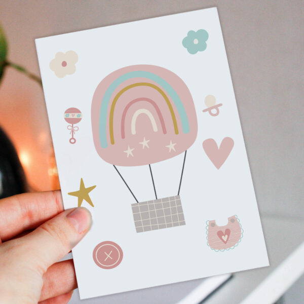 New baby, baby girl, baby boy, baby shower card: Hot air balloon (Size A6/A5/A4/Square 6x6")