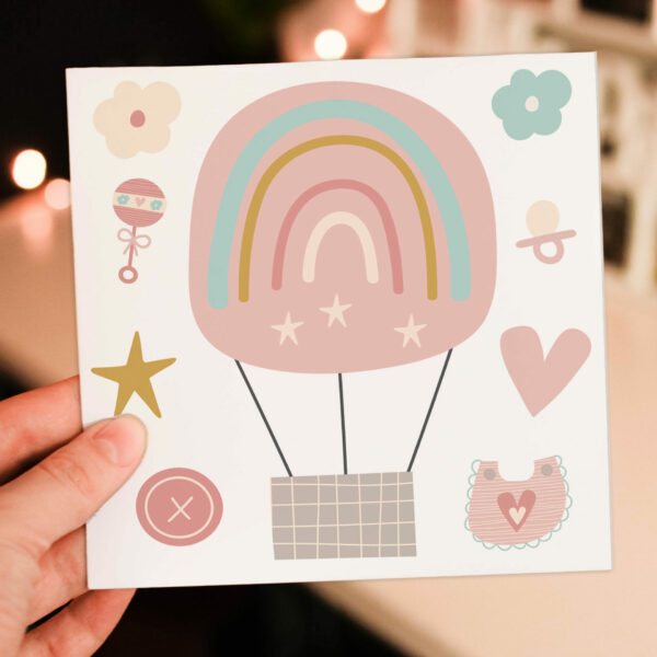 New baby, baby girl, baby boy, baby shower card: Hot air balloon (Size A6/A5/A4/Square 6x6")