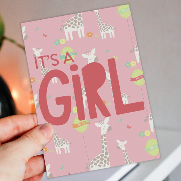 Pink new baby girl, baby daughter giraffes card: It’s a girl (Size A6/A5/A4/Square 6x6")