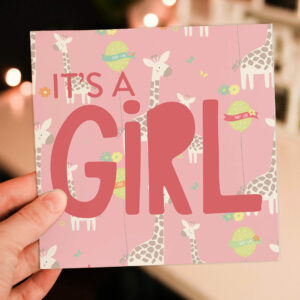 Pink new baby girl, baby daughter giraffes card: It’s a girl (Size A6/A5/A4/Square 6x6")