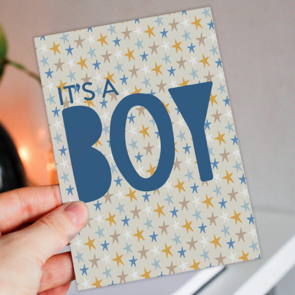 New baby boy, baby son stars card: It’s a boy (Size A6/A5/A4/Square 6x6")