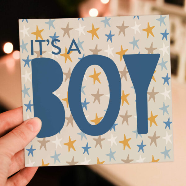 New baby boy, baby son stars card: It’s a boy (Size A6/A5/A4/Square 6x6")