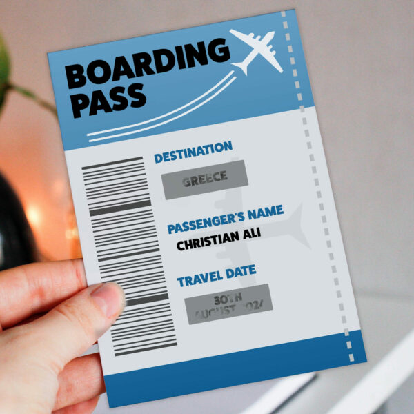 Scratch off and reveal card: Holiday, vacation, surprise destination, any destination, any name, any date boarding pass design