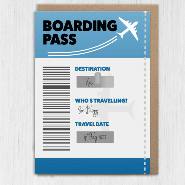 DIY do it yourself scratch off and reveal card: Holiday, vacation, surprise destination, boarding pass design