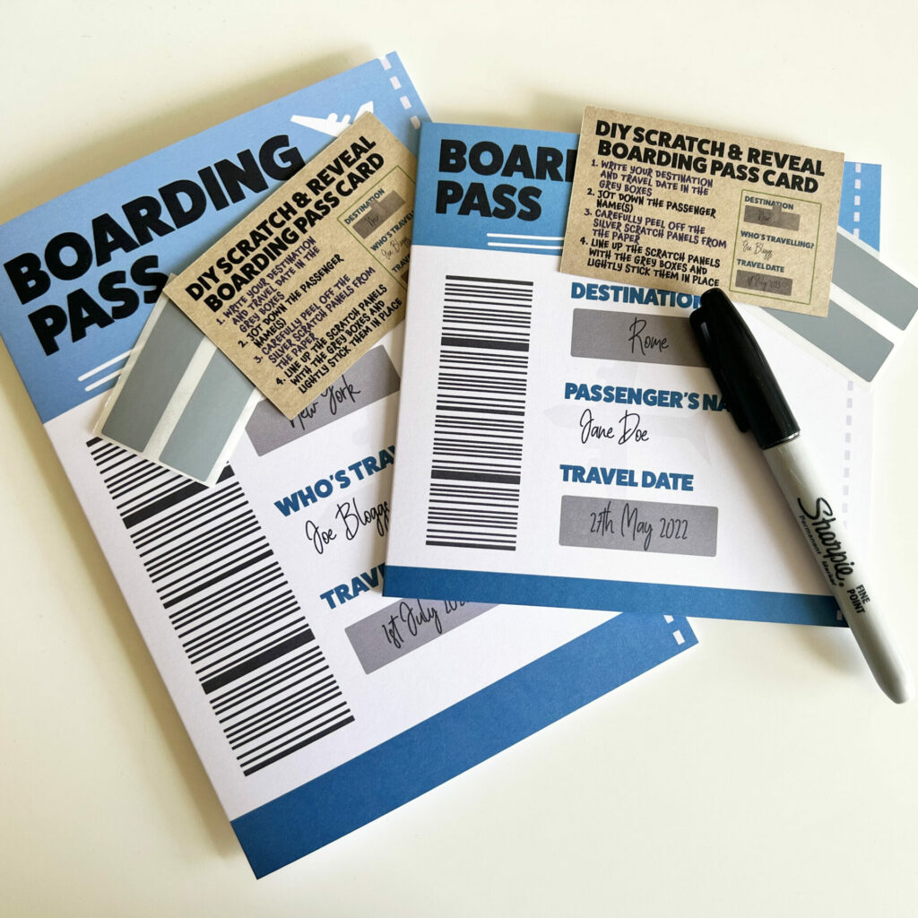 DIY holiday, vacation or event scratch and reveal card Boarding Pass