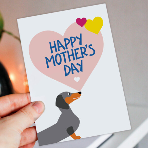 Dachshund dog balancing heart Mother's Day card for dog lover, dog owner, mum, mom, mother, dog mum, dog mom (Size A6/A5/A4/Square 6x6")