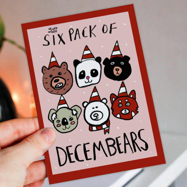 Six pack of Decembears cute bear pun, beer Christmas, holidays card for male, husband, boyfriend, brother, son (Size A6/A5/A4/Square 6x6")