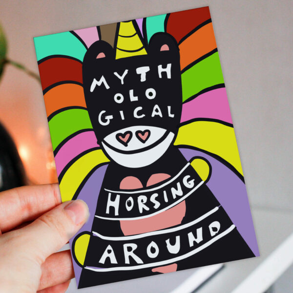 Mythological horsing around unicorn, horse, colourful rainbow birthday card for children, adults, any age (Size A6/A5/A4/Square 6x6")