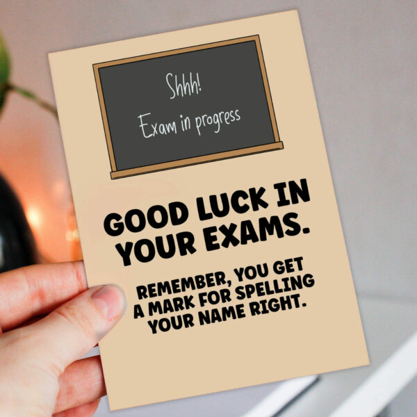 Remember you get a mark for spelling your name right funny good luck in your exams, GCSEs, A-Levels card (Size A6/A5/A4/Square 6x6")