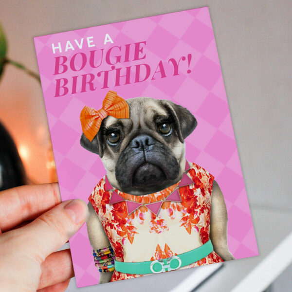 Have a Bougie Birthday pug dog animal in clothes card for female, girlfriend, wife, partner, girl, gal pal (Animalyser) Size A6/A5/A4/Square