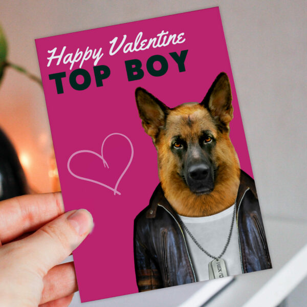 Happy Valentine Top Boy German Shepherd dog animal in clothes card for boyfriend, husband, male partner (Animalyser) Size A6/A5/A4/Square