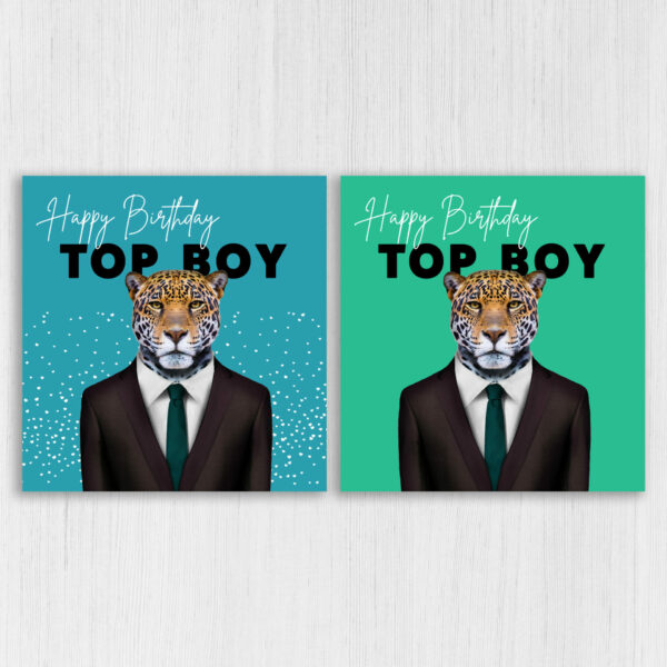 Happy Birthday Top Boy Jaguar animal in clothes card for boyfriend, husband, male, brother (Animalyser) Size A6/A5/A4/Square