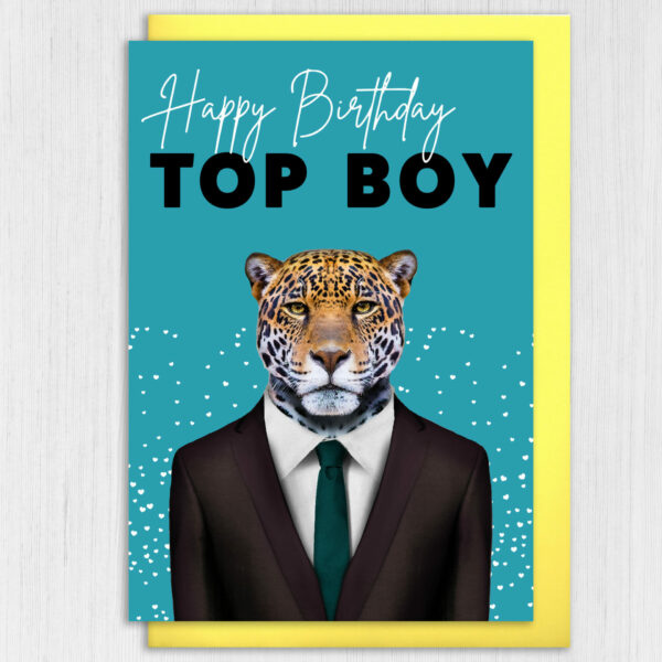 Happy Birthday Top Boy Jaguar animal in clothes card for boyfriend, husband, male, brother (Animalyser) Size A6/A5/A4/Square