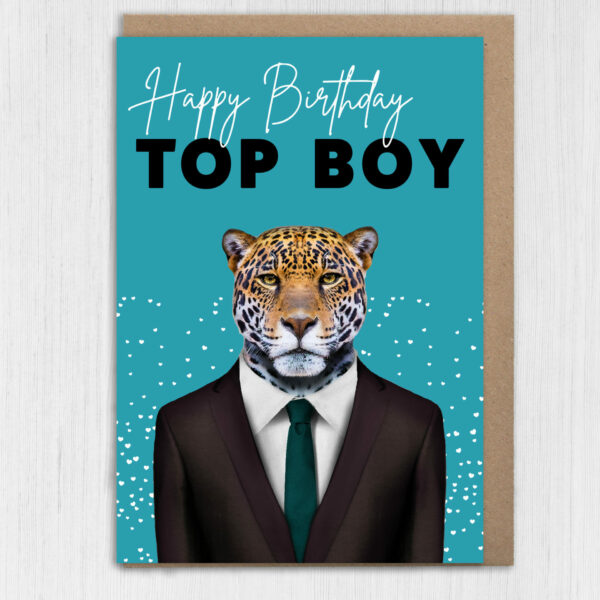 Happy Birthday Top Boy Jaguar animal in clothes card for boyfriend, husband, male, brother (Animalyser) Size A6/A5/A4/Square