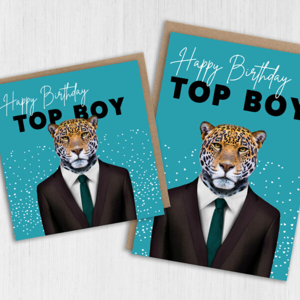 Happy Birthday Top Boy Jaguar animal in clothes card for boyfriend, husband, male, brother (Animalyser) Size A6/A5/A4/Square