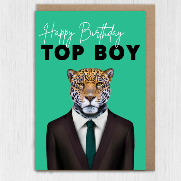 Happy Birthday Top Boy Jaguar animal in clothes card for boyfriend, husband, male, brother (Animalyser) Size A6/A5/A4/Square