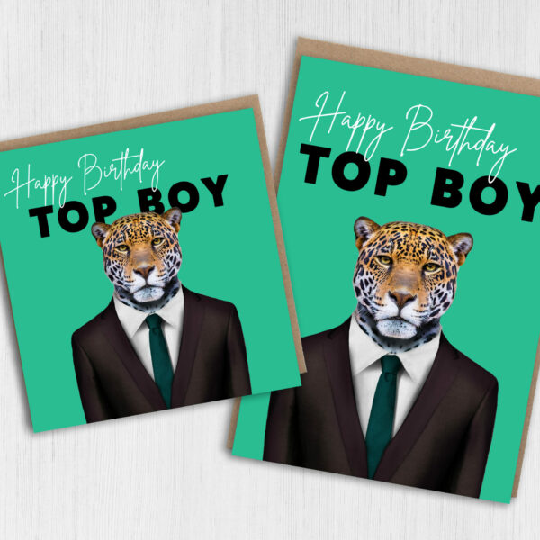 Happy Birthday Top Boy Jaguar animal in clothes card for boyfriend, husband, male, brother (Animalyser) Size A6/A5/A4/Square