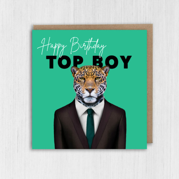 Happy Birthday Top Boy Jaguar animal in clothes card for boyfriend, husband, male, brother (Animalyser) Size A6/A5/A4/Square