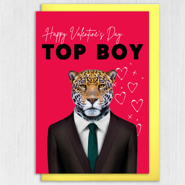 Happy Valentine's Day Top Boy Jaguar animal in clothes card for boyfriend, husband, male partner (Animalyser) Size A6/A5/A4/Square