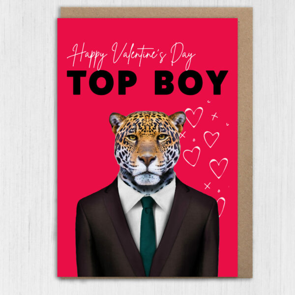 Happy Valentine's Day Top Boy Jaguar animal in clothes card for boyfriend, husband, male partner (Animalyser) Size A6/A5/A4/Square