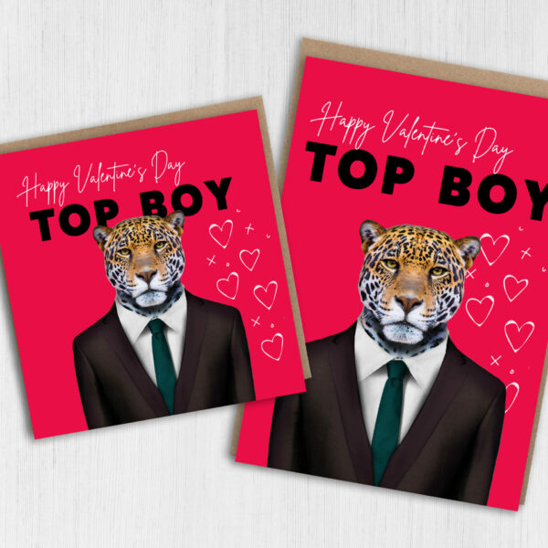 Happy Valentine's Day Top Boy Jaguar animal in clothes card for boyfriend, husband, male partner (Animalyser) Size A6/A5/A4/Square