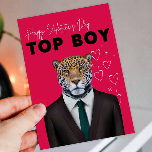 Happy Valentine's Day Top Boy Jaguar animal in clothes card for boyfriend, husband, male partner (Animalyser) Size A6/A5/A4/Square