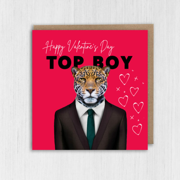 Happy Valentine's Day Top Boy Jaguar animal in clothes card for boyfriend, husband, male partner (Animalyser) Size A6/A5/A4/Square