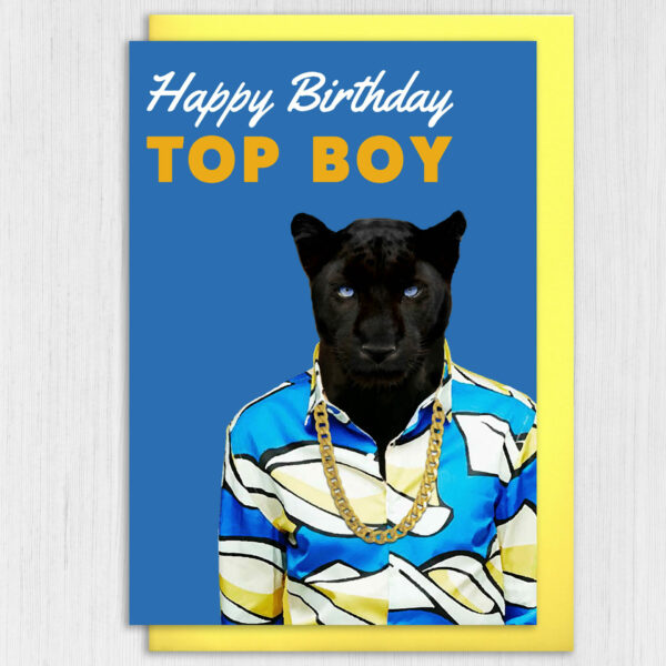 Happy Birthday Top Boy panther animal in clothes card for boyfriend, husband, male, brother (Animalyser) Size A6/A5/A4/Square