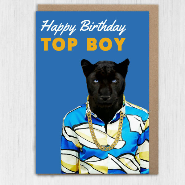 Happy Birthday Top Boy panther animal in clothes card for boyfriend, husband, male, brother (Animalyser) Size A6/A5/A4/Square