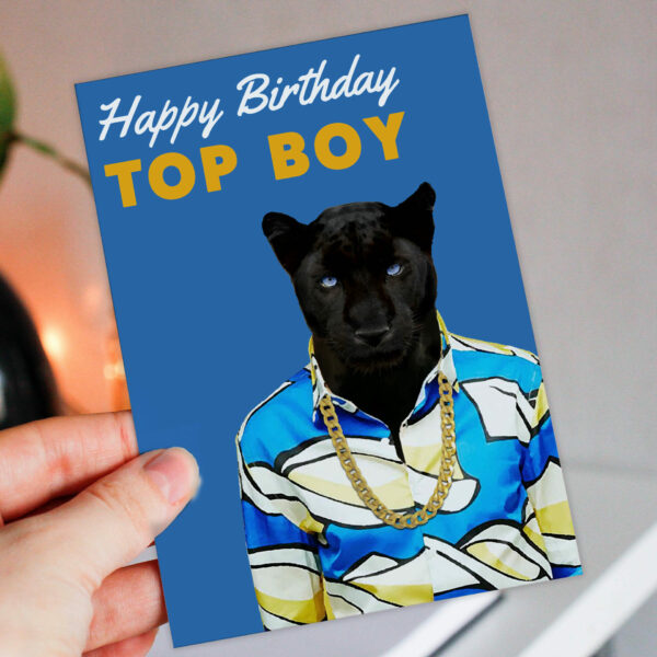 Happy Birthday Top Boy panther animal in clothes card for boyfriend, husband, male, brother (Animalyser) Size A6/A5/A4/Square