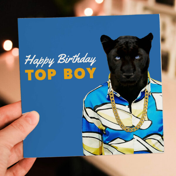 Happy Birthday Top Boy panther animal in clothes card for boyfriend, husband, male, brother (Animalyser) Size A6/A5/A4/Square