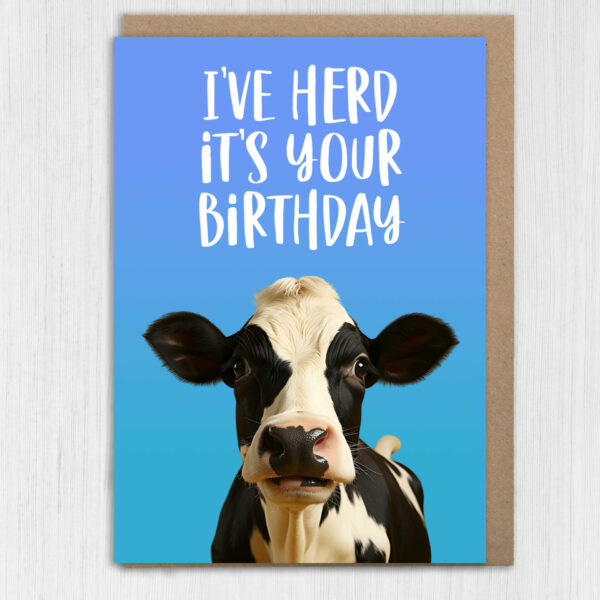 I've herd it's your birthday funny cow, farm animal, pun birthday card for adults, children, kids, friend, mate (Size A6/A5/A4/Square 6x6")