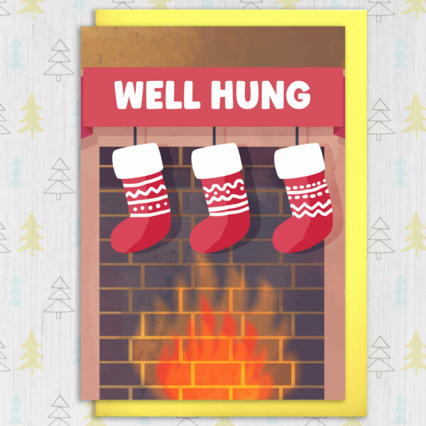 Well hung funny, rude, cheeky Christmas card for male adults, husband, boyfriend, friend, mate (Size A6/A5/A4/Square 6x6")