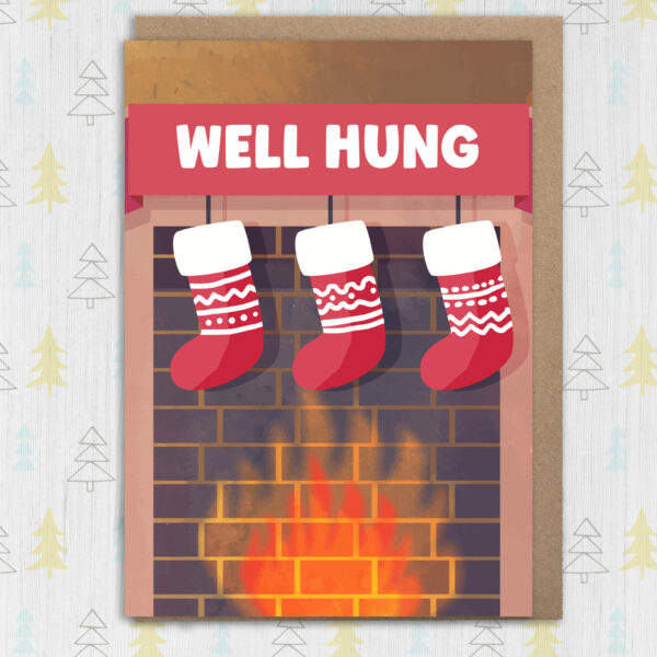 Well hung funny, rude, cheeky Christmas card for male adults, husband, boyfriend, friend, mate (Size A6/A5/A4/Square 6x6")