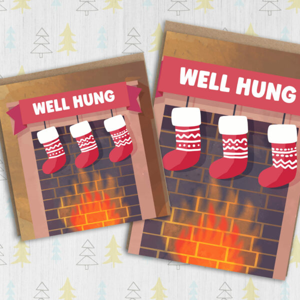 Well hung funny, rude, cheeky Christmas card for male adults, husband, boyfriend, friend, mate (Size A6/A5/A4/Square 6x6")