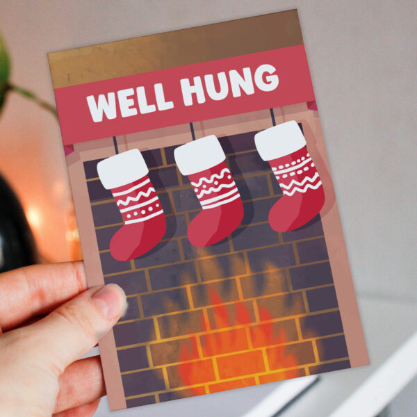 Well hung funny, rude, cheeky Christmas card for male adults, husband, boyfriend, friend, mate (Size A6/A5/A4/Square 6x6")