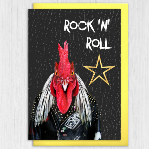 Rock and roll star funny rooster birthday card for old man, woman, dad, mum, husband, wife, grandparents, friend, mate (Animalyser) (Size A6/A5/A4/Square 6x6")